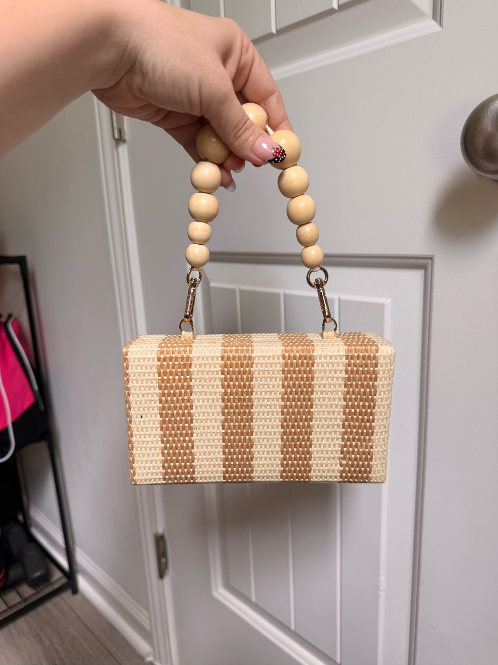 Beaded Handle Straw Mini Bag in Beige and Tan